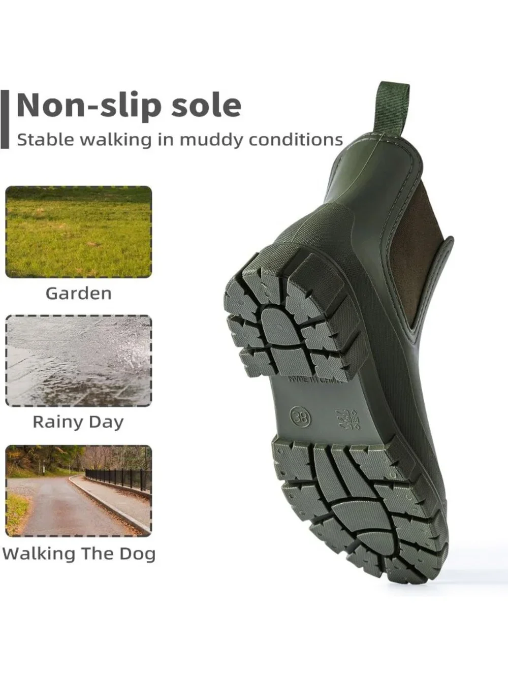 Women's Green Waterproof Slip-Resistant Rubber Short Ankle Chelsea rain Boots